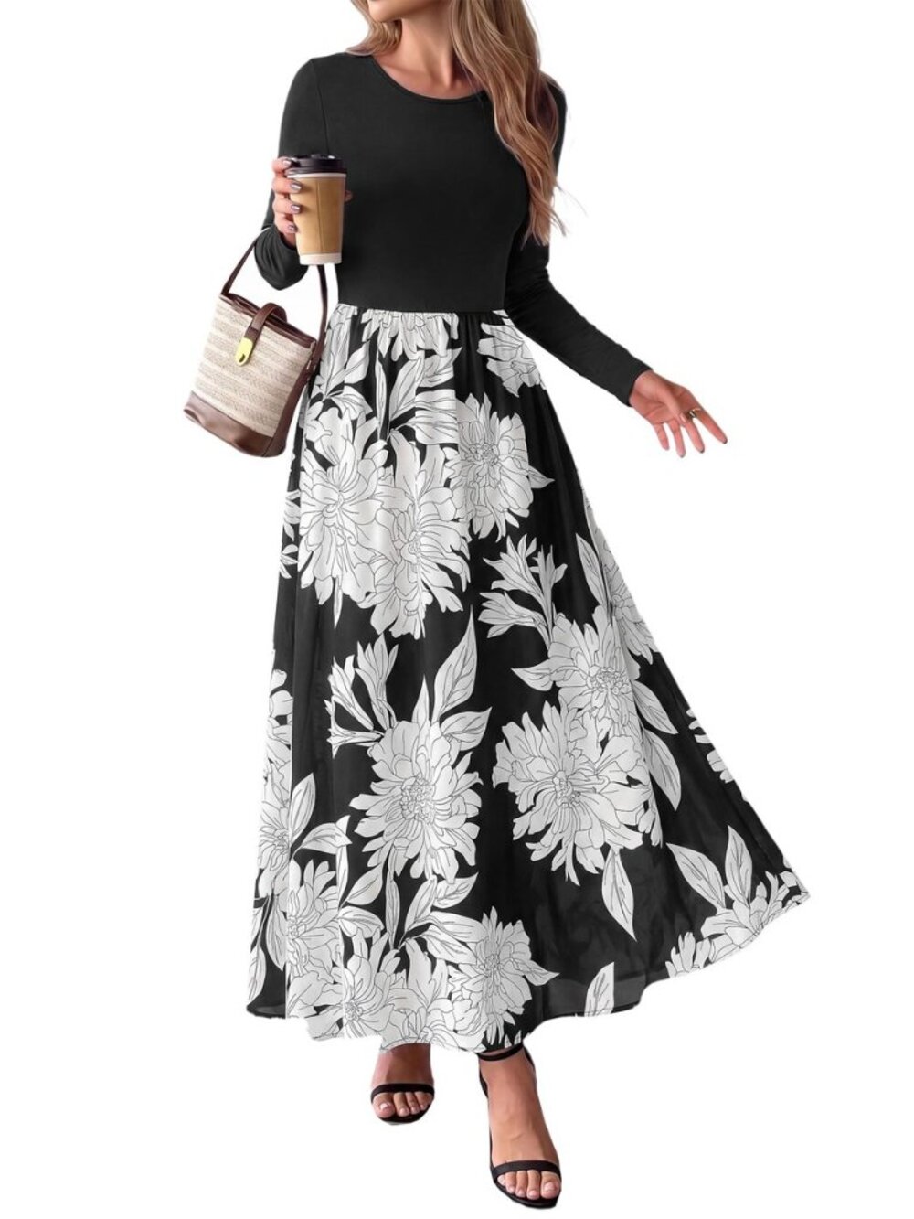 Women's Long Sleeve Boho Floral Flowy Fall Maxi Dress